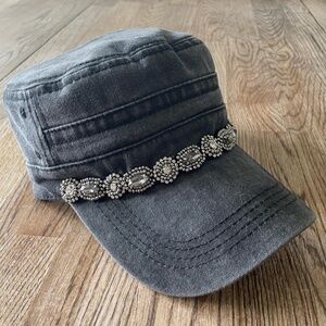 Womens Hats, Womans Bling Rhinestone Cadet Cap, Military Style Hat, Denim Hat
